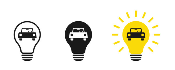 Idea light bulb icon set with car, illustration