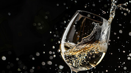 White wine splashing in glass on black background.