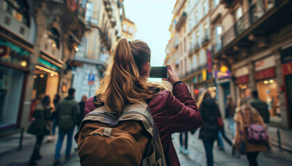 A young woman taking pictures on her smartphone of a  beautiful busy old town - Powered by Adobe