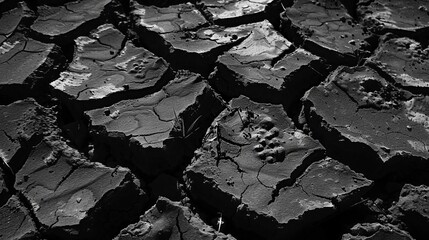 Cracked black surface of fertile soil in severe drought in a lean year, background with selective focus - obrazy, fototapety, plakaty
