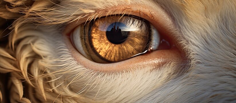 A closeup of a cats brown eye, showcasing the delicate eyelashes, wrinkles around the eye, and intricate nerve endings in the eye. The cats snout and terrestrial animal features are also visible