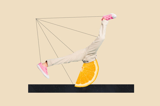 Creative collage illustration of person dancing hip hop breakdance headless orange slice fruit juice isolated on beige color background