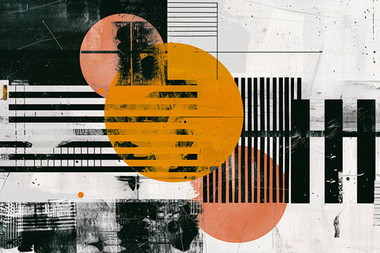Abstract modern art, orange and black circles, grunge urban background with copy space