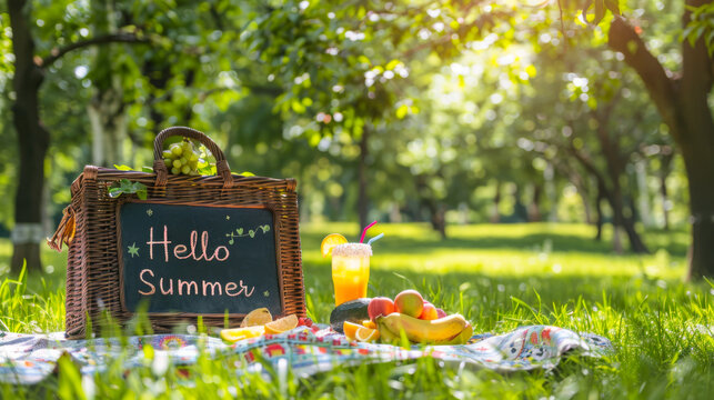 Picnic scene with Hello Summer chalkboard sign on a park lawn