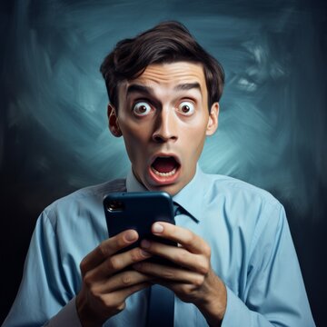 Man looking very surprised or shocked holding a cell phone. Shocked and surprised young man.