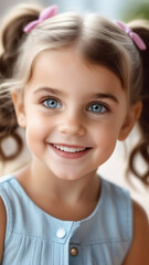 Happy smiling charming girl with a hairstyle in two ponytails. Portrait of a happy child. A look at her face fills my heart with warmth and joy.