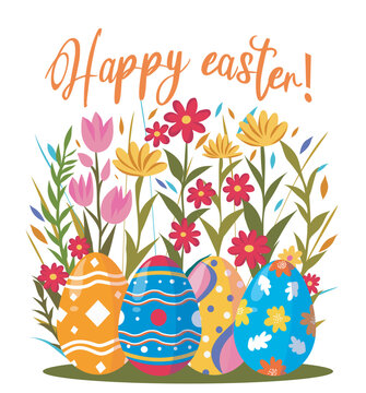 Vector Easter card template with eggs flowers and plants, grass and flowers. Happy Easter inscription