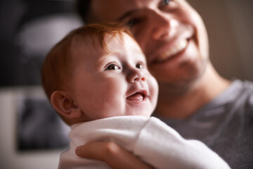 Father, baby and laughing in a new home with smile and relax of a newborn with dad together. Love,...