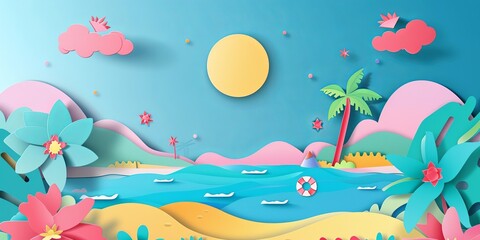 Fototapeta na wymiar Summer landscape paper cut background illustration