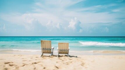 Beautiful beach. Chairs along the sandy beach near the water. Summer holiday and vacation concept for tourism. Inspirational tropical landscape. - obrazy, fototapety, plakaty