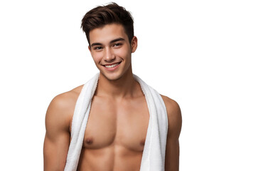 Fototapeta premium Handsome young man with a towel posing on a transparent background. isolated, transparent background, no background. PNG.