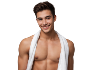 Handsome young man with a towel posing on a transparent background. isolated, transparent background, no background. PNG.