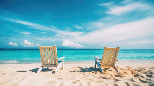 Beautiful beach. Chairs along the sandy beach near the water. Summer holiday and vacation concept for tourism. Inspirational tropical landscape.