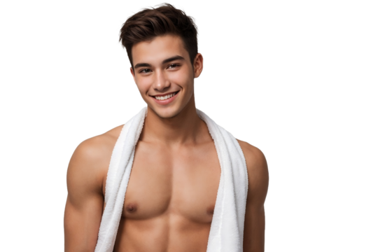 Handsome young man with a towel posing on a transparent background. isolated, transparent background, no background. PNG.