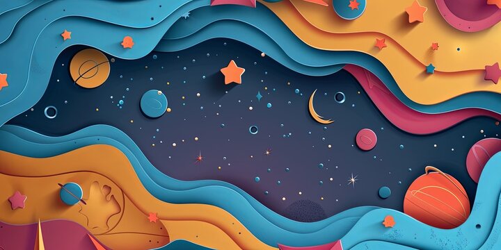 Galaxy themed paper cut background illustration with star planets.