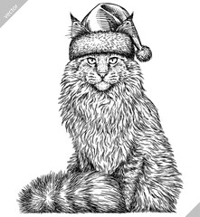 Vintage engraving isolated cat set dressed christmas illustration kitty ink santa costume sketch. Pet background kitten silhouette whisker new year hat art. Black and white hand drawn vector image - 762371210