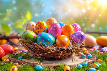Fototapeta na wymiar Easter Bunny Decorated Eggs Adorable Rabbit Spring Color Copy Space