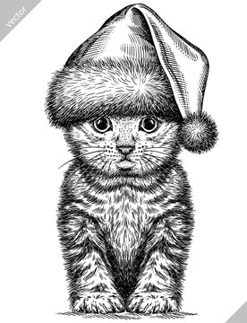 Vintage engraving isolated cat set dressed christmas illustration kitty ink santa costume sketch. Pet background kitten silhouette whisker new year hat art. Black and white hand drawn vector image