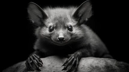 Bat on black background, mystery animal, macro, monochrome, hyperrealistic photo concept, banner