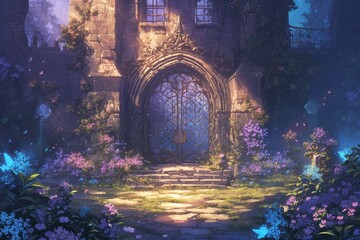 An enchanting garden with an archway adorned in vibrant flowers leading to the heart of fantasy - obrazy, fototapety, plakaty