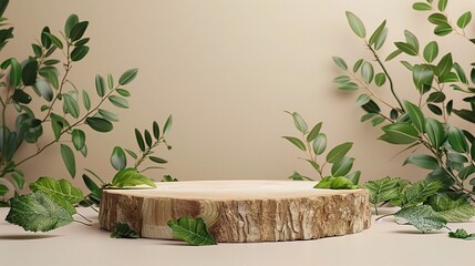 Minimal modern product display on neutral beige background. Wood slice podium and green leaves.