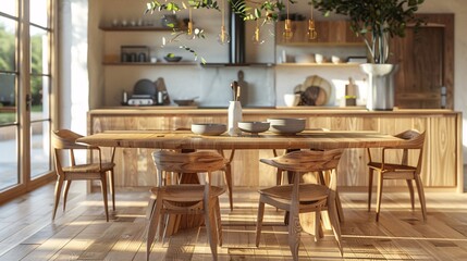 minimalist design with wooden table and chairs, focusing on intricate details