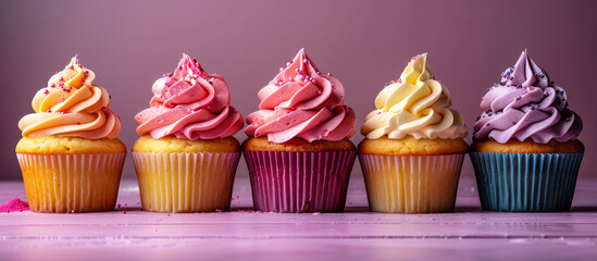 Purple-pink cupcakes with buttercream frosting. Panoramic image. - obrazy, fototapety, plakaty