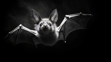 Close-up view of the intricate details of a bat on a black background, animal mystery concept, banner