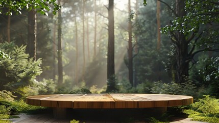 minimalist wooden stage set against the background of a forest - obrazy, fototapety, plakaty