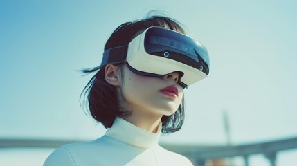 Young Asian girl wearing virtual reality goggles and enjoying the VR simulation experience. Conceptual of VR reality technology.