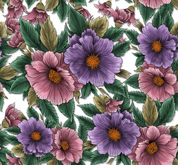 Lilac and pink flowers seamless pattern with green leaves.