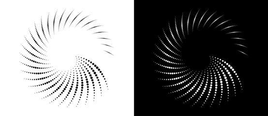 Modern abstract background. Halftone dots in spiral. Round logo, design element or icon. A black figure on a white background and an equally white figure on the black side. - 762372056