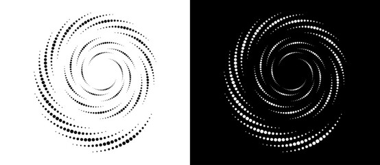 Modern abstract background. Halftone dots in spiral. Round logo, design element or icon. A black figure on a white background and an equally white figure on the black side.