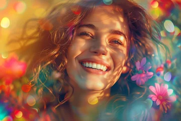 Foto op Canvas A portrait of joyful conscious woman beams with happiness, close up ,mindfulness © Наталья Добровольска