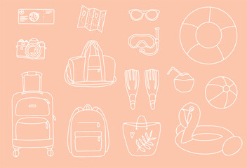 Hand drawn set of summer vacation elements, luggage and bathing accessories. Travel element drawn in doodle style. Illustration for banner, background, badge, logo design. Vector 