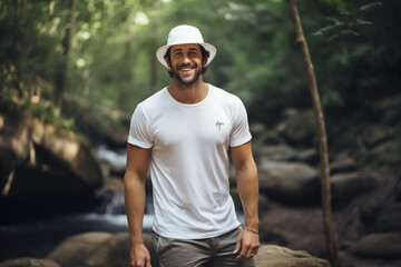 Naklejka na ściany i meble A man wearing a plain white T-shirt in the forest