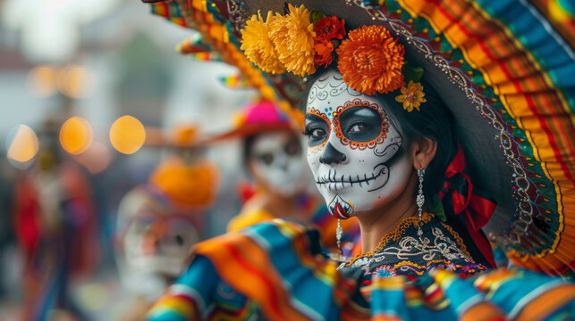 Vibrant Day of the Dead celebration with a woman in traditional skull makeup and a colorful costume among festival goers.