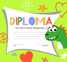 Diploma Template for Kids, Certificate background with Hand Drawn Colourful Drawing for school, Preschool or Nursery. Vector illustration.