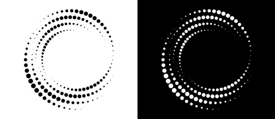 Modern abstract background. Halftone dots in circle form. Round logo. Vector dotted frame. Design element or icon. Black shape on a white background and the same white shape on the black side. - 762372684