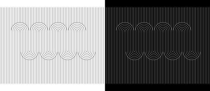 Abstract art geometric background with lines. Optical illusion with waves. Black shape on a white background and the same white shape on the black side.