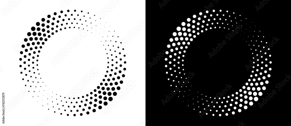 Poster Modern abstract background. Halftone dots in circle form. Round logo. Vector dotted frame. Design element or icon. Black shape on a white background and the same white shape on the black side.