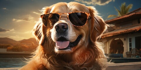 Dog Wearing Sunglasses Sitting on Boat Generative AI
