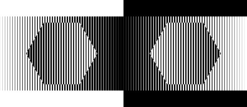 Transition parallel lines in hexagons. Abstract art geometric background for logo, icon, tattoo. Black shape on a white background and the same white shape on the black side.