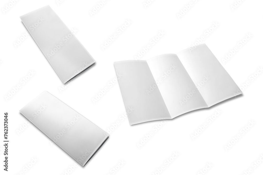 Poster leaflet blank trifold paper brochure mockup isolated on white background. z fold brochure open and c