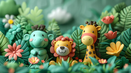Obraz na płótnie Canvas 3D cartoon animal characters in the natural forest. Looks happy living together.