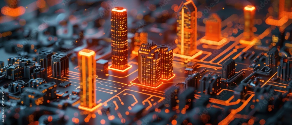 Aufkleber building smart city structure with neon line on circuit board