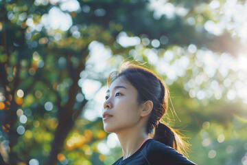 Asian woman jogging in the park. - 762373605