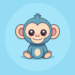 Cute Kawaii Monkey Vector Clipart Icon Cartoon Character Icon on a Baby Blue Background
