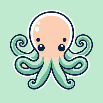 Cute Kawaii Octopus Vector Clipart Icon Cartoon Character Icon on a Mint Green Background