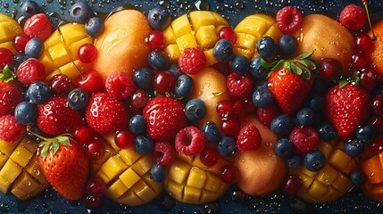tropical fruits and mixed berries medley with syrup: watermelon, banana, pineapple, strawberry, orange, mango, blueberry, cherry, raspberry, papaya - obrazy, fototapety, plakaty